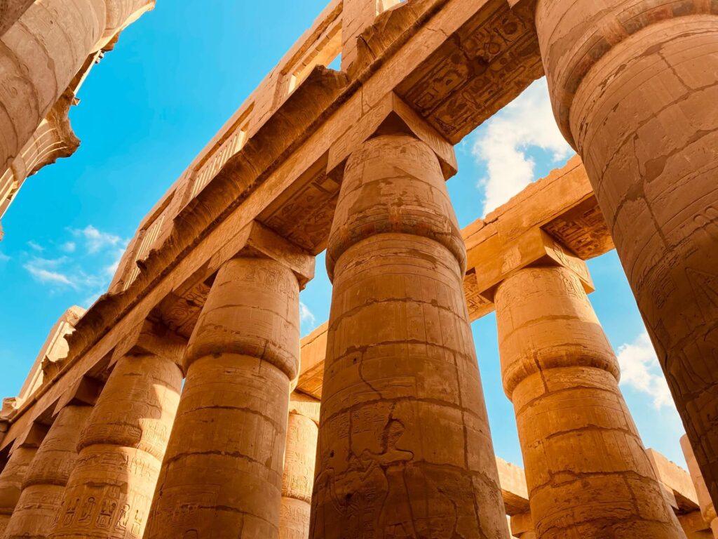 Close-up of Karnak Temple's columns looking upward